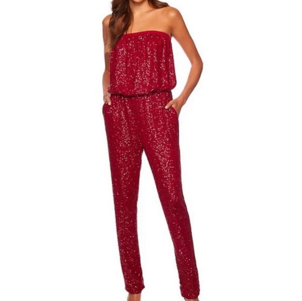 SUSANA MONACO DEEP RED SEQUIN TUBE TOP STRAPLESS STRAIGHT LEG JUMPSUIT Small